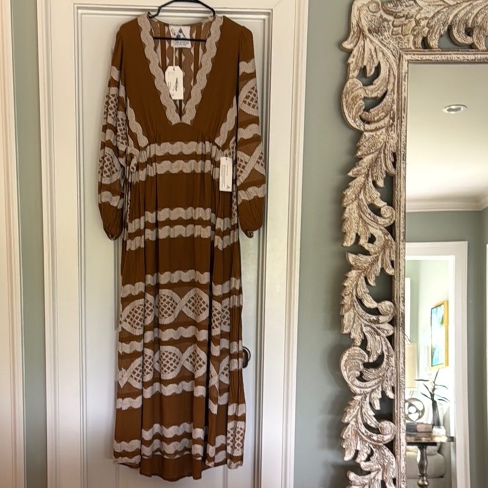 Brown and Cream Long Sleeve Sundress with Plunge Neckline